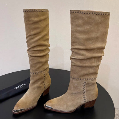 Celine 2026 Western Knee-High Boots 50mm Suede Leather 104847