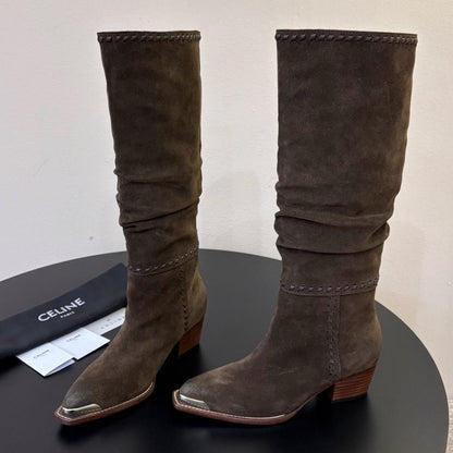 Celine 2026 Western Knee-High Boots 50mm Suede Leather 104847