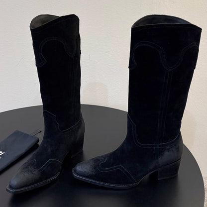 Celine 2026 Embroidered Mid-Calf Boots 50mm Calfskin Suede 104856
