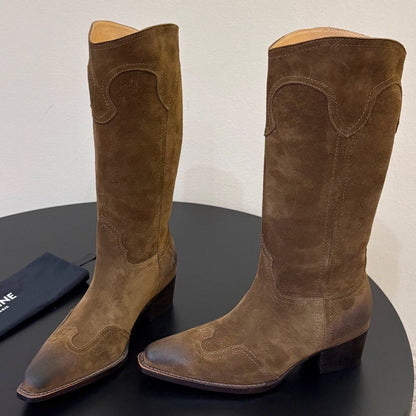 Celine 2026 Embroidered Mid-Calf Boots 50mm Calfskin Suede 104856