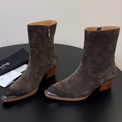 Celine 2026 Western Metallic Toe Ankle Boots 50mm Suede Leather 104866
