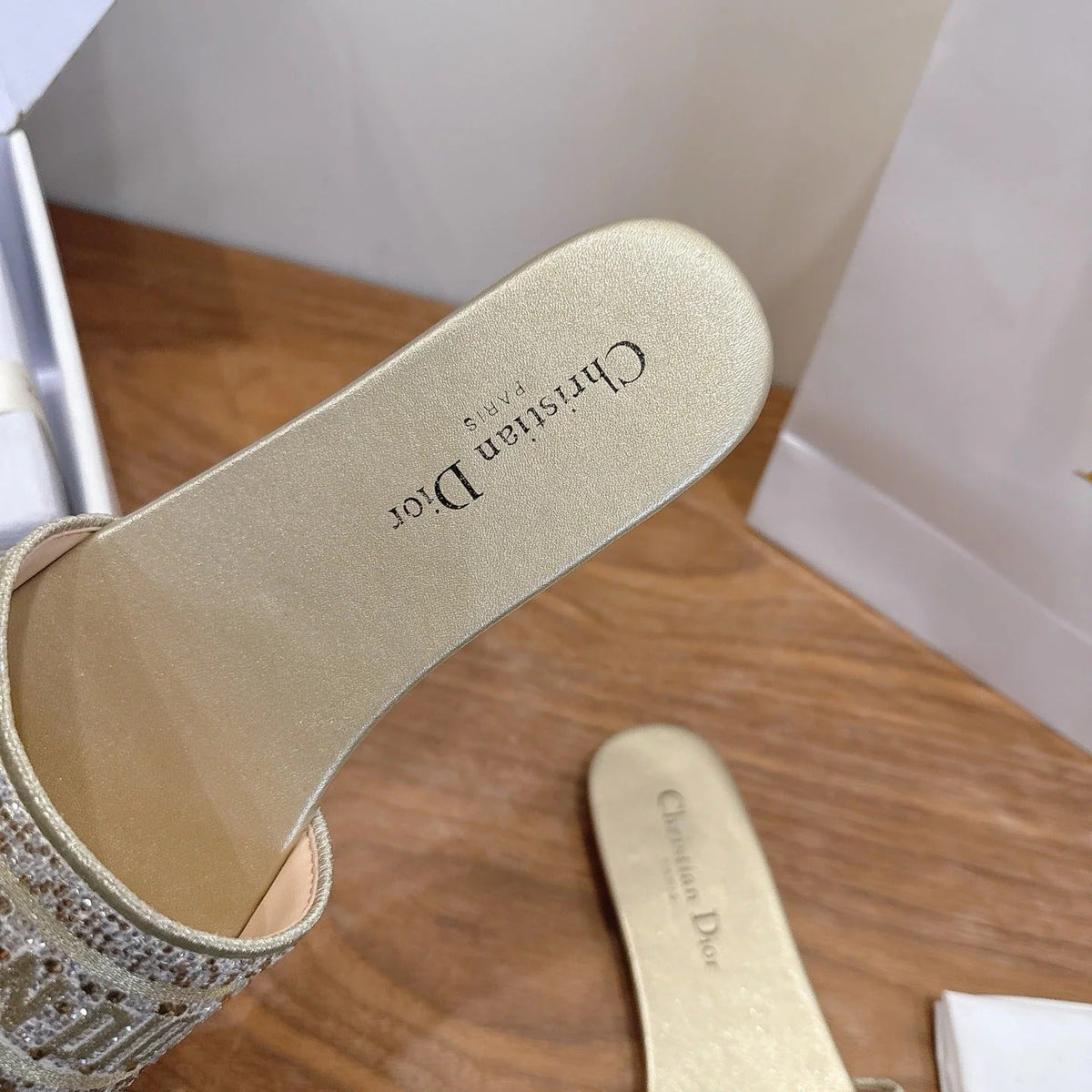 CD 26s Embroidered Sandals Gold Champage Canvas Leather 685616