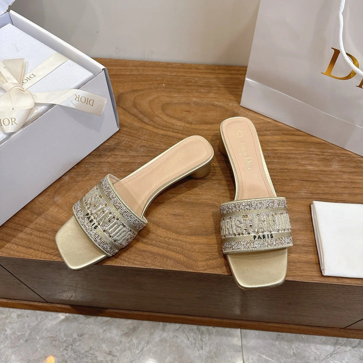 CD 26s Embroidered Sandals Gold Champage Canvas Leather 685616