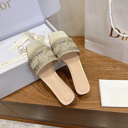CD 26s Embroidered Sandals Gold Champage Canvas Leather 685616