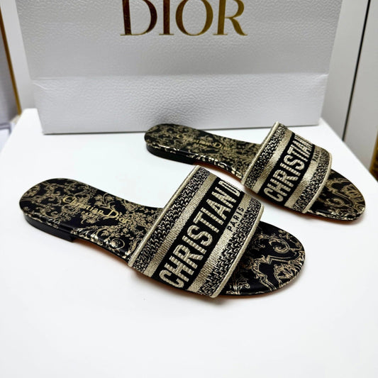 CD 26s Embroidered Sandals Black Gold Genuine Leather 683025