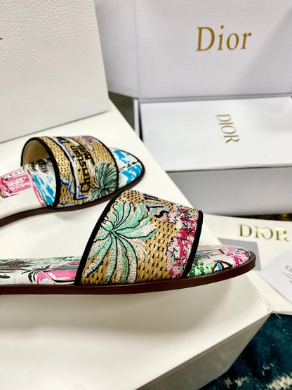 CD 26s Embroidered Sandals Blue Multicolor Canvas Leather 683006