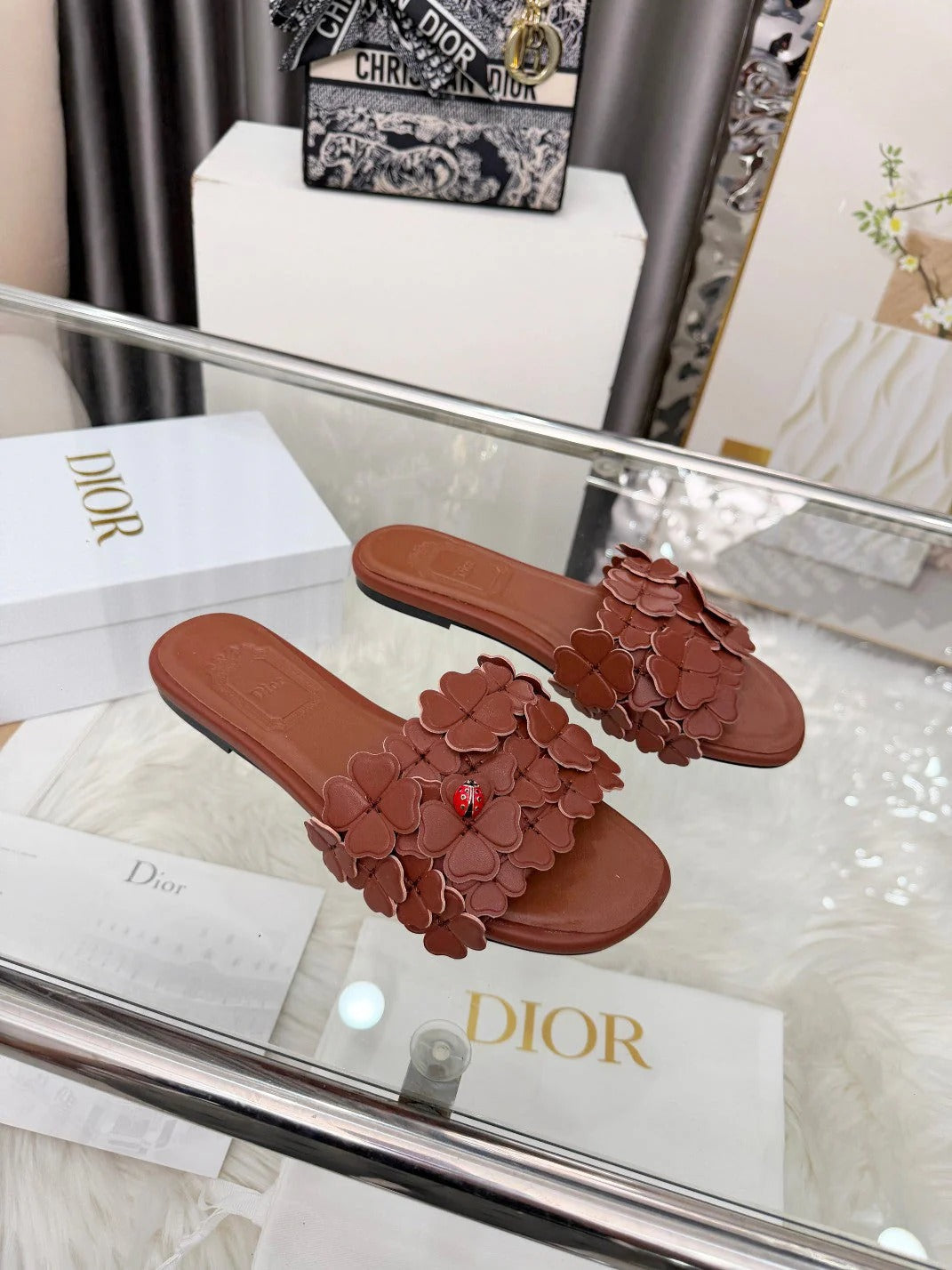 CD 26s Floral Flat Slippers Genuine Leather