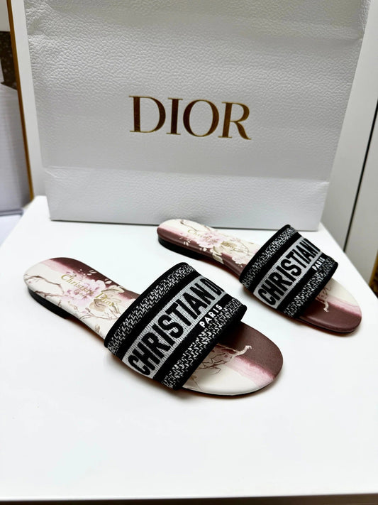 CD 26s Embroidered Sandals Black White Burgundy Canvas Leather 683021