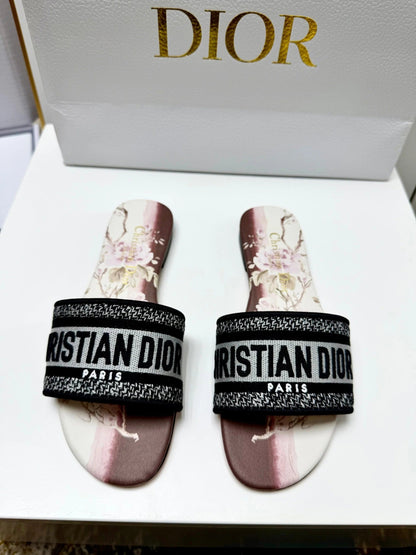 CD 26s Embroidered Sandals Black White Burgundy Canvas Leather 683021