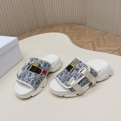 CD 26s Platform Slippers 35 Blue White Canvas Lambskin 643809
