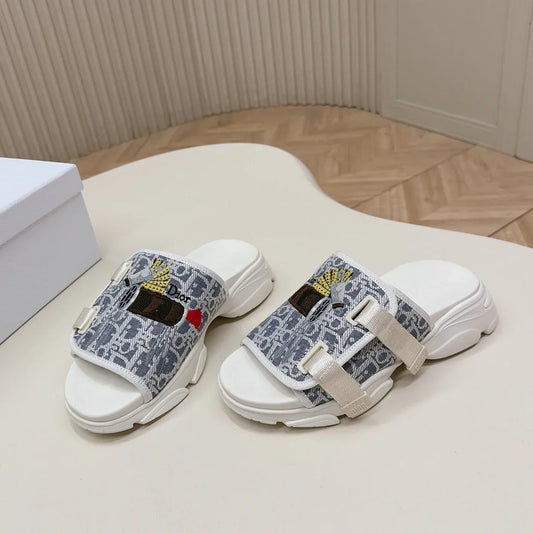 CD 26s Platform Slippers 35 Blue White Canvas Lambskin 643809