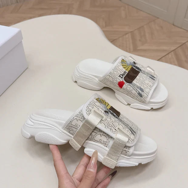 CD 26s Platform Slippers 35 Cream White Canvas Lambskin 643810