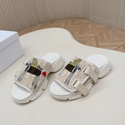 CD 26s Platform Slippers 35 Beige White Canvas Lambskin 643812
