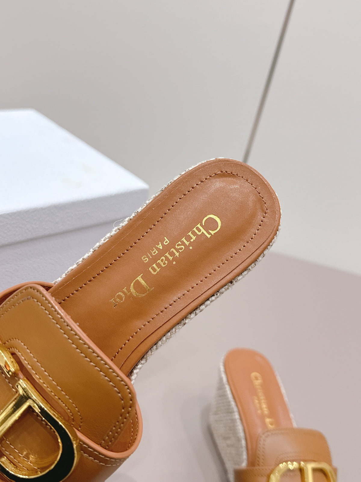 CD 30 Montaigne Wedge Slides 8cm Tan Calfskin 738318
