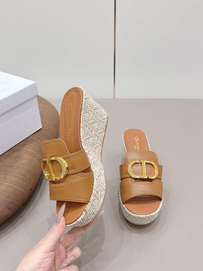 CD 30 Montaigne Wedge Slides 8cm Tan Calfskin 738318