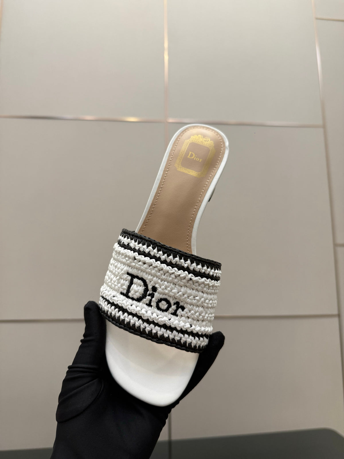 CD Dioriviera Woven Slides 4cm White Fabric Goatskin 828265