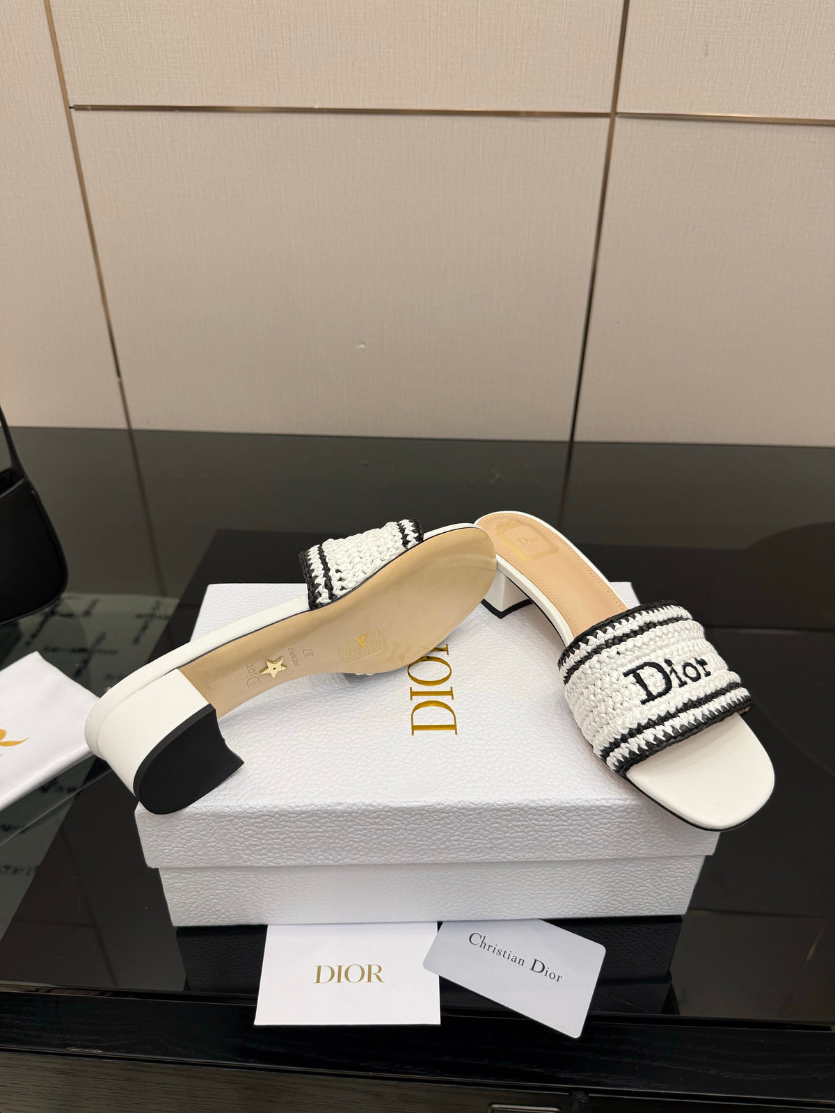 CD Dioriviera Woven Slides 4cm White Fabric Goatskin 828265