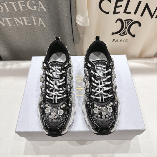 CD 25s Sneaker In Black Lambskin And Mesh Fabric With Pearl Detailing