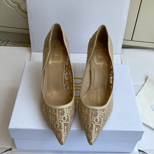 CD 26s Adioable Pump 8cm Monogram Beige Mesh Lambskin 909644