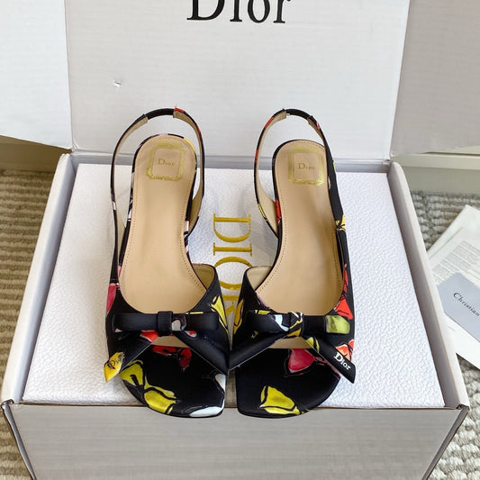 CD 26s Bow Kitten Heel Open Back Sandals Black Lambskin 909655