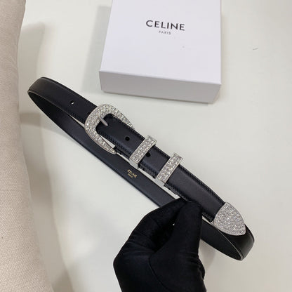CELINE CL 25 MM MARCO BELT WITH STRASS IN BLACK CALFSKIN SILVER HARDWARE