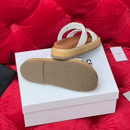 Sandal Flat White Brown Canvas