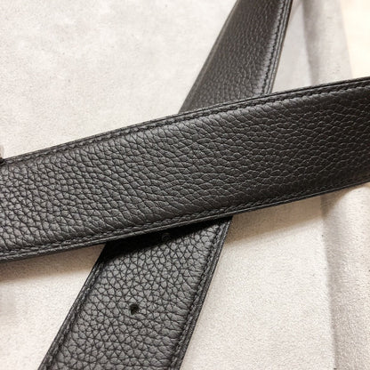 HERMES BELT BUCKLE & REVERSIBLE BLACK LEATHER STRAP 38 MM SILVER HARDWARE