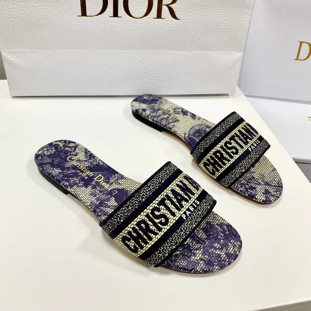 CD 26s Embroidered Sandals Purple Beige Black Canvas Leather 683016