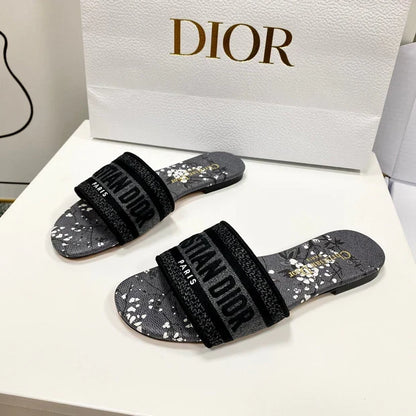 CD 26s Embroidered Sandals Gray Black Canvas Leather 683017