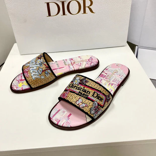 CD 26s Embroidered Sandals Pink Beige Multicolor Canvas Leather 683005