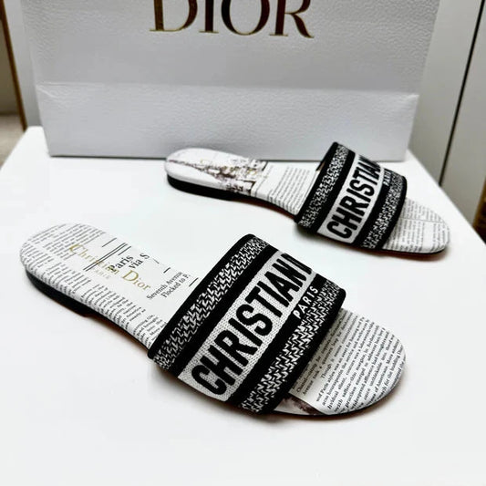 CD 26s Embroidered Slippers Black White Canvas Leather 683019