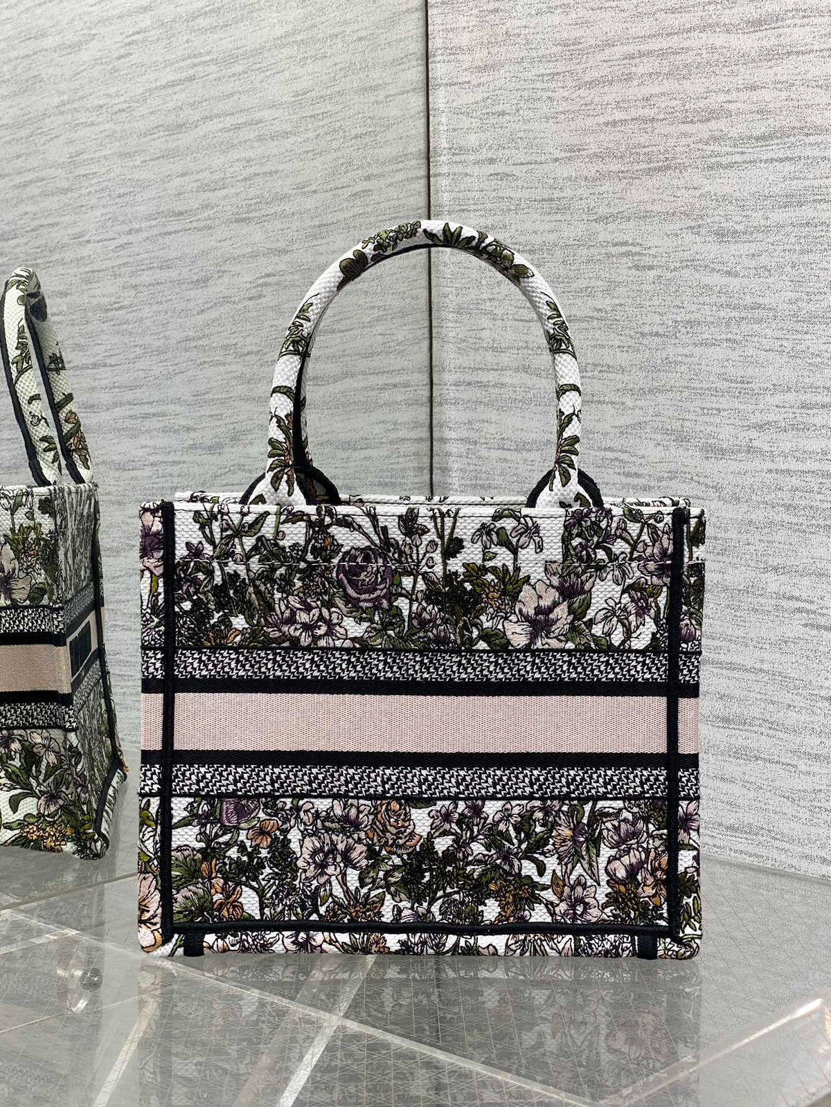 CD Small Dior Book Tote Full Floral Motif White Pink Cotton