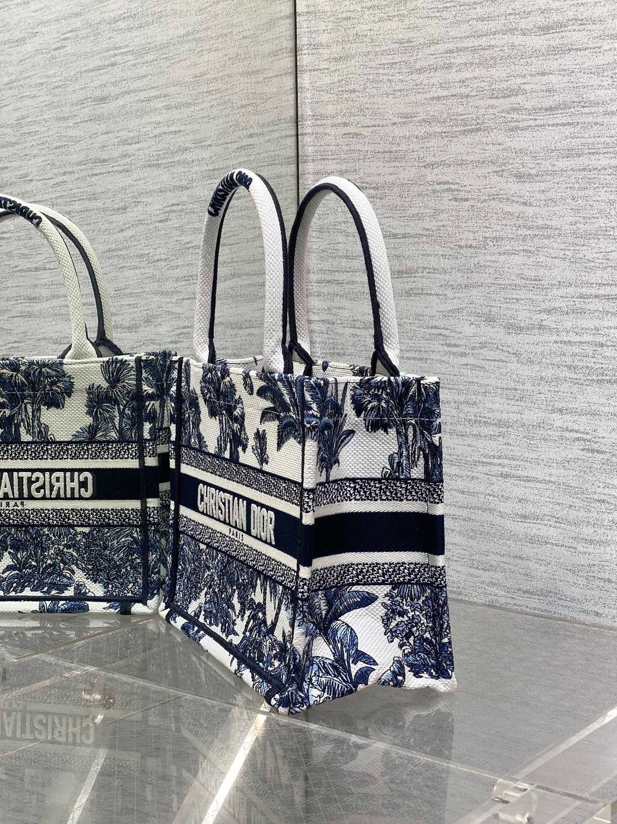 CD Small Dior Book Tote Tropical Pattern Slate Blue White Black Cotton