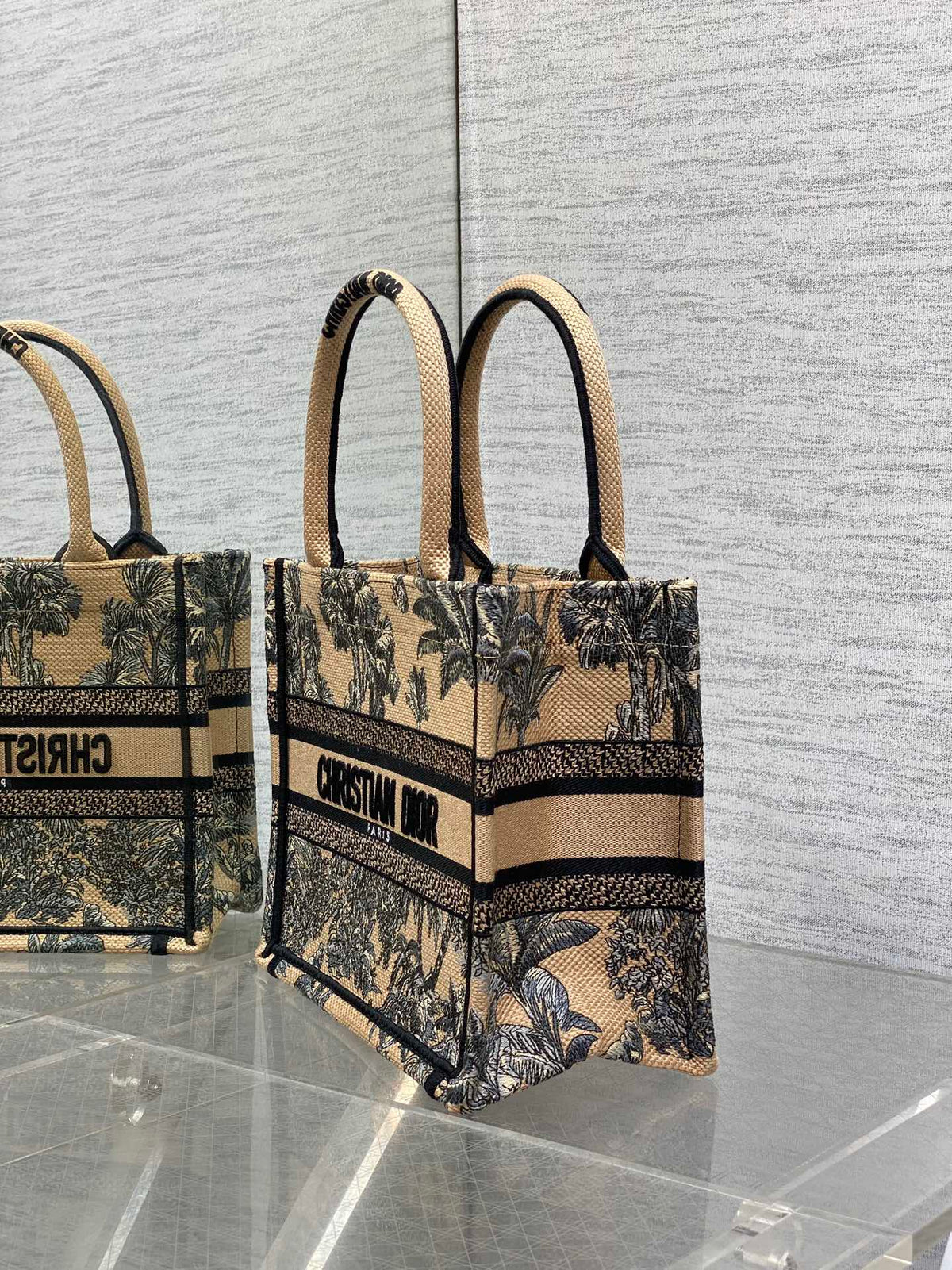 CD Small Dior Book Tote Tropical Pattern Black Beige Cotton