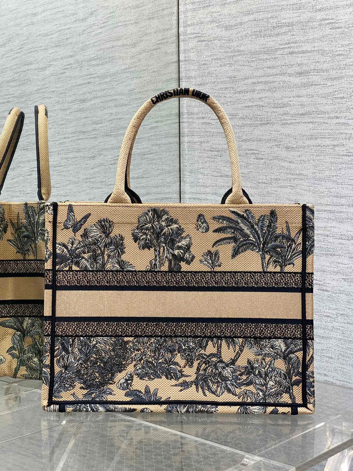 CD Medium Dior Book Tote Tropical Pattern Black Beige Cotton