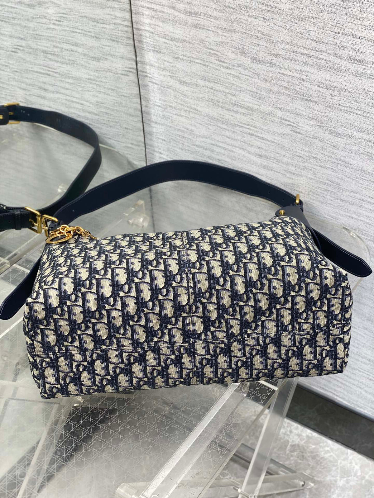 Dior 2025 Voyage Bag 34cm Navy Blue mix Beige Canvas Leather 270576