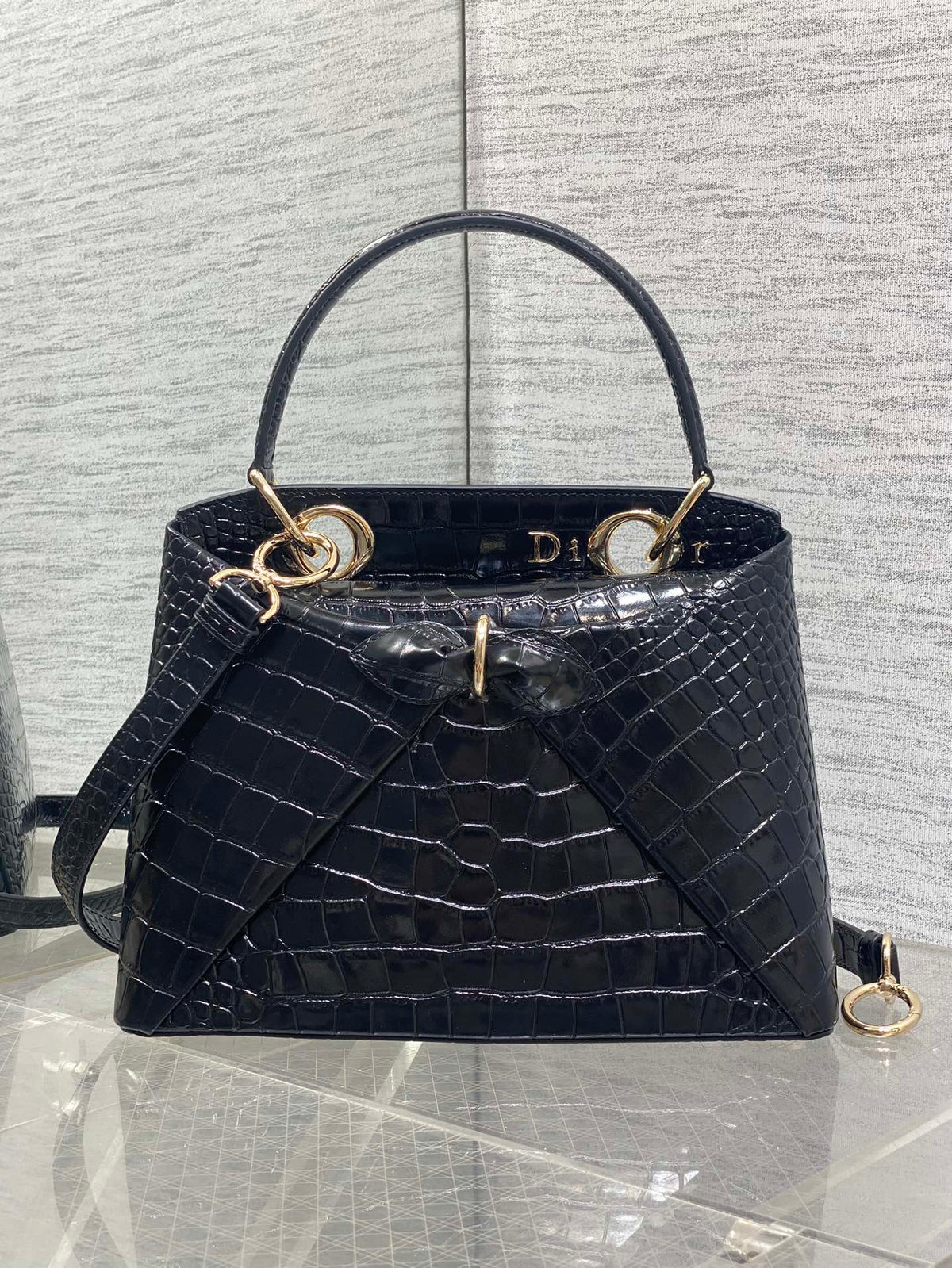 CD 26SS Bow-Adorned Bag Black Glossy Crocodile Pattern Embossed Calfskin 272521