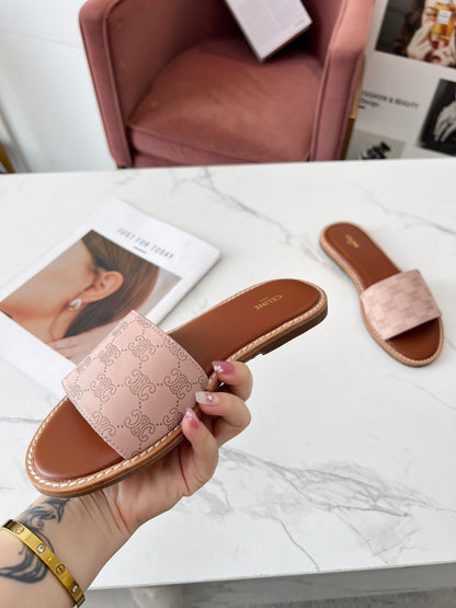 Celine 25C Slippers Pink Pastel Monagram Silk with Calfskin 238146