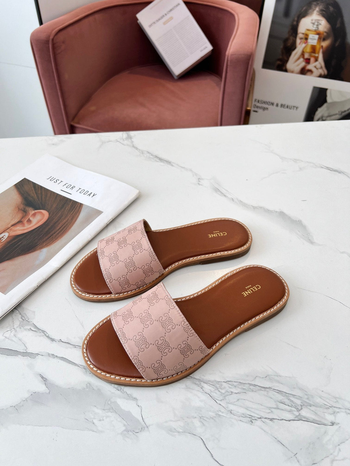 Celine 25C Slippers Pink Pastel Monagram Silk with Calfskin 238146