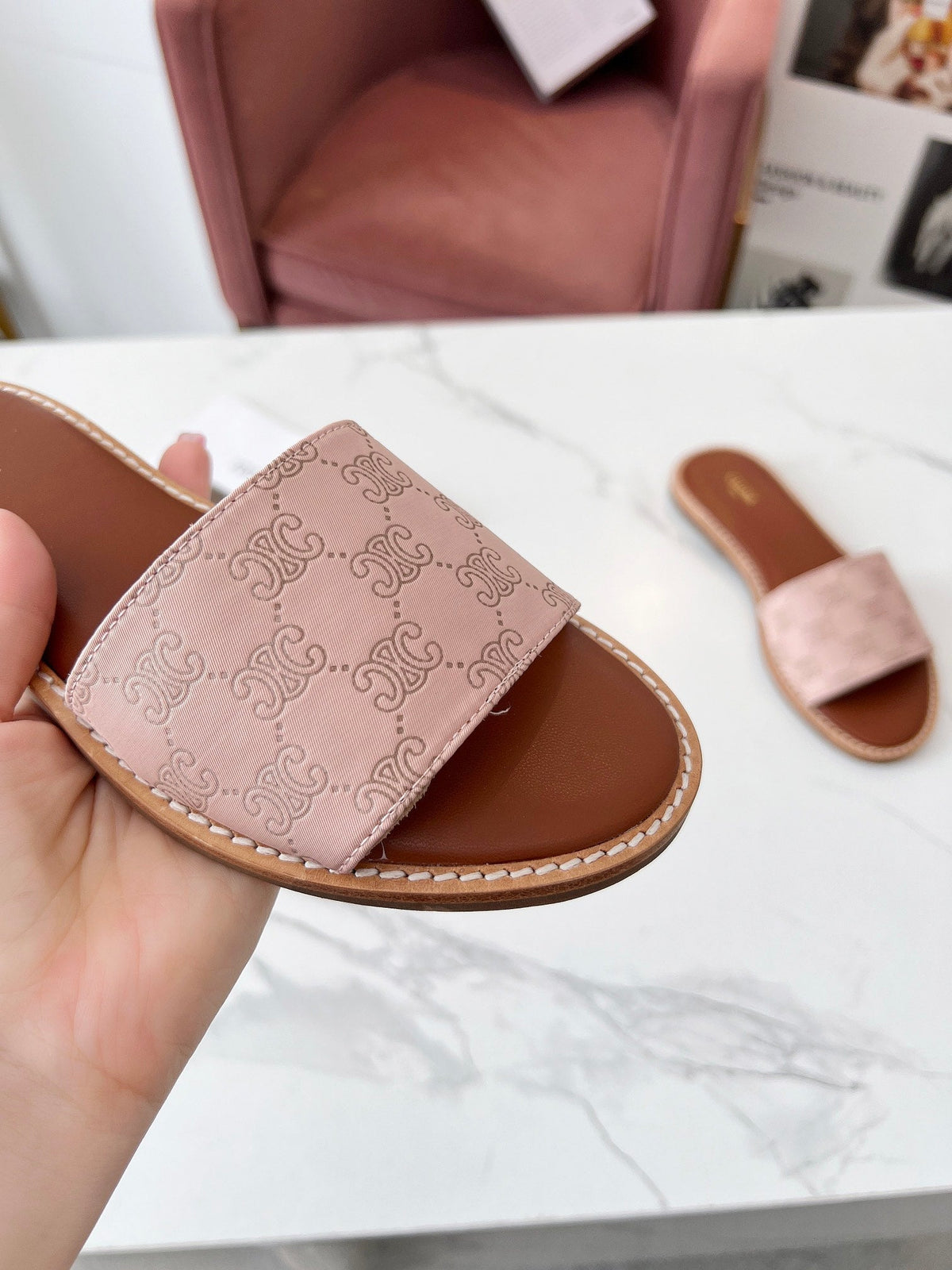 Celine 25C Slippers Pink Pastel Monagram Silk with Calfskin 238146