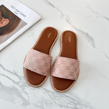 Celine 25C Slippers Pink Pastel Monagram Silk with Calfskin 238146