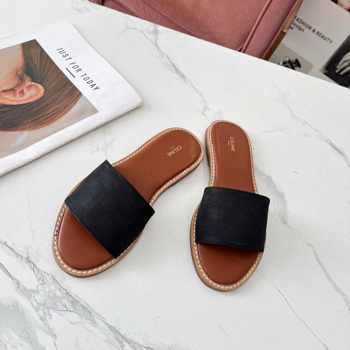 Celine 25C Slippers Black Monagram Silk with Calfskin 238147