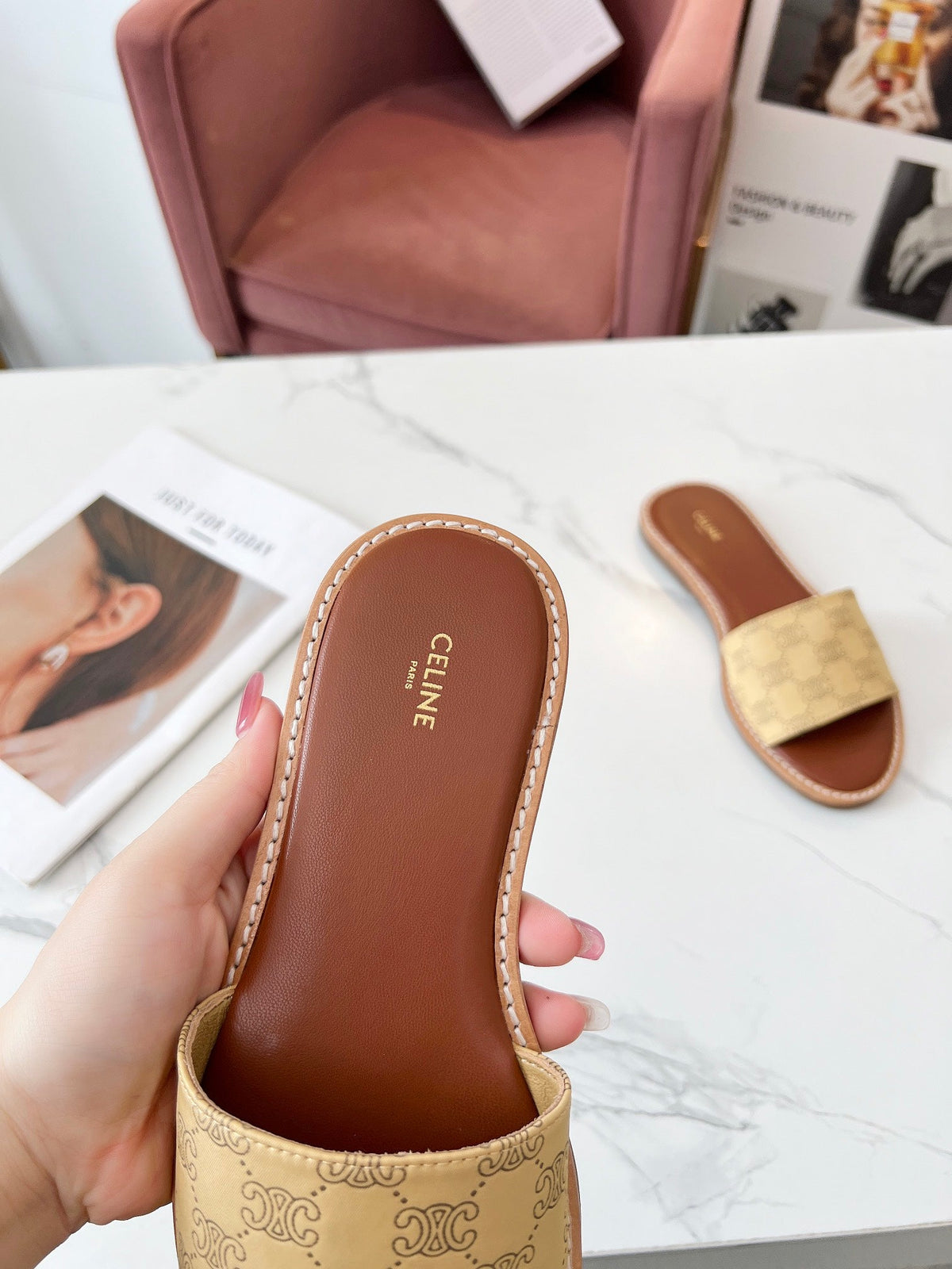 Celine 25C Slippers Egg Nog Monagram Silk with Calfskin 238148