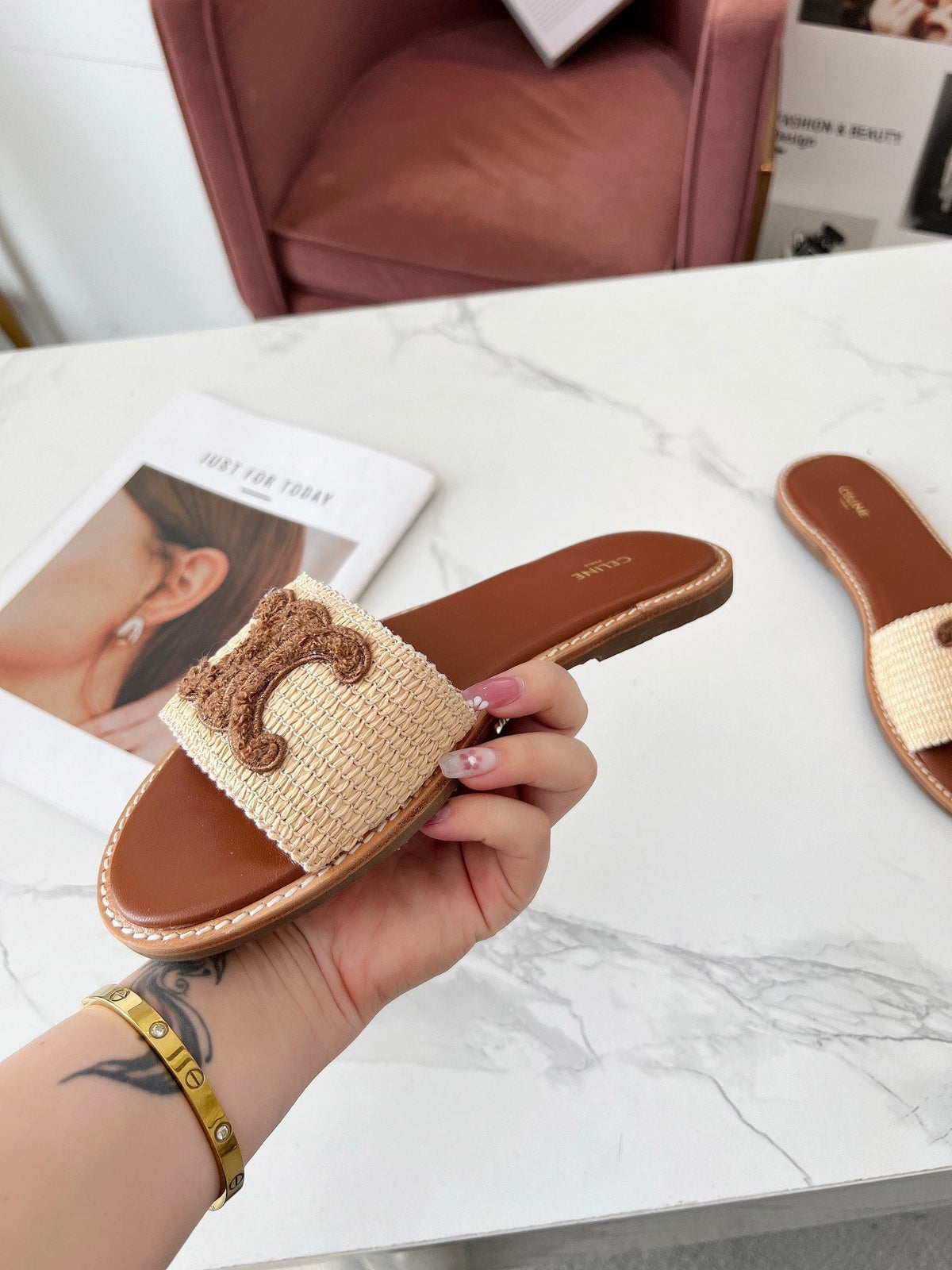 Celine 25C Slippers Beige mix Coffee Fabric with Calfskin 238149