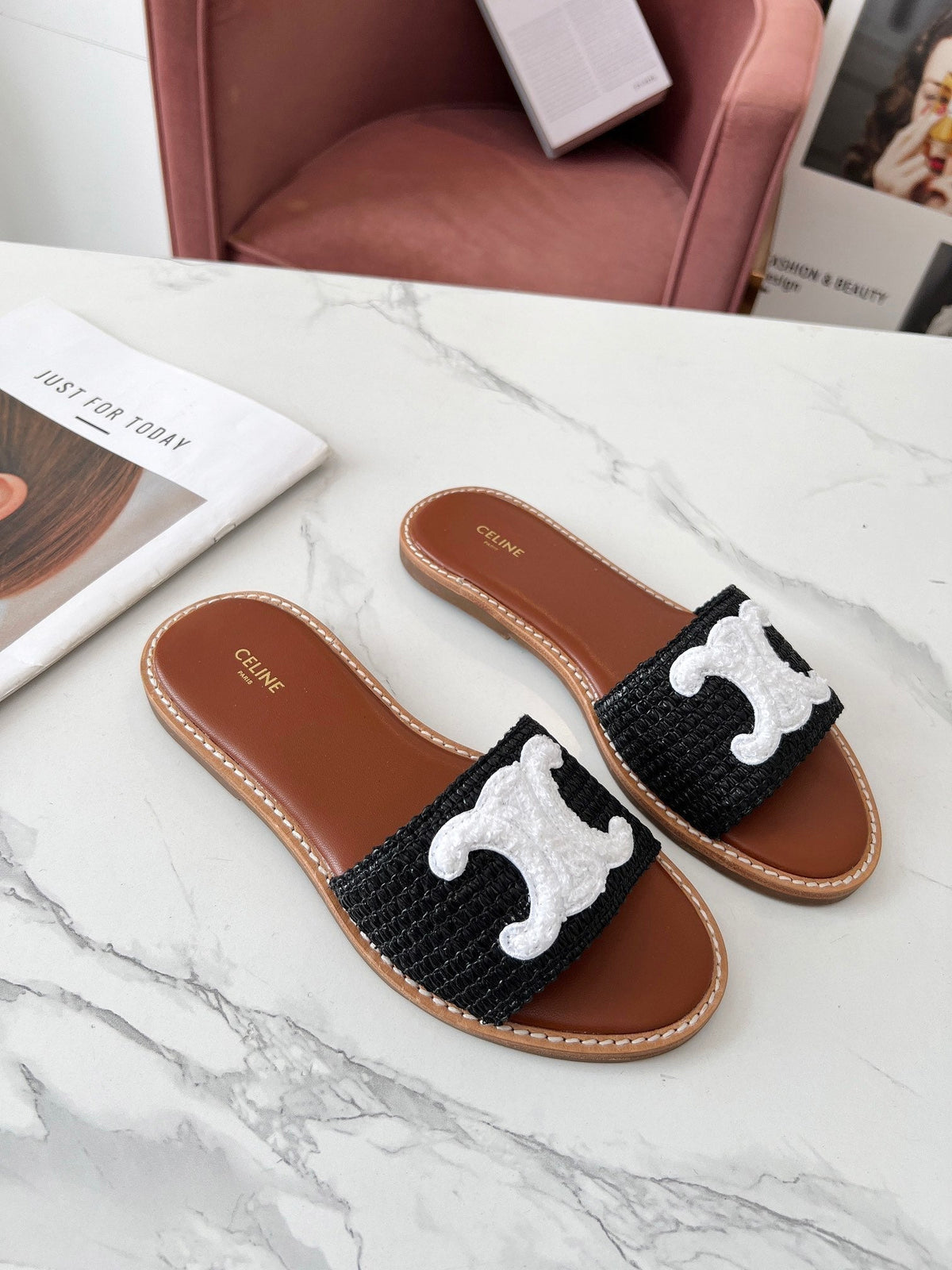 Celine 25C Slippers Black mix White Fabric with Calfskin 238151