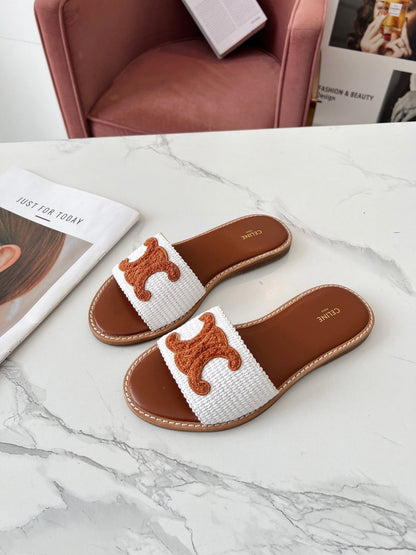 Celine 25C Slippers White mix Brown Fabric with Calfskin 238153