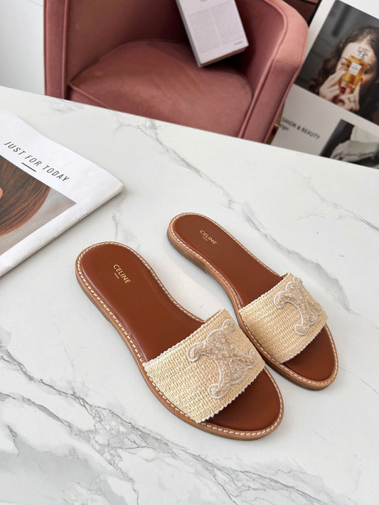 Celine 25C Slippers Beige Fabric with Calfskin 238154
