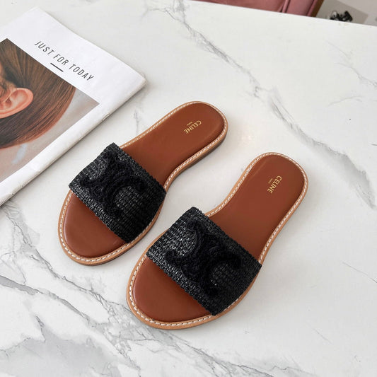 Celine 25C Slippers Black Fabric with Calfskin 238155