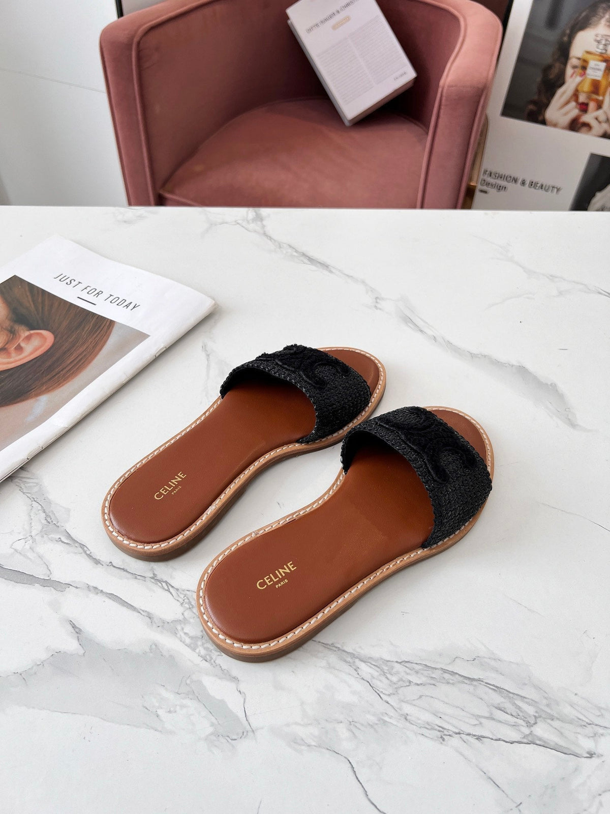 Celine 25C Slippers Black Fabric with Calfskin 238155