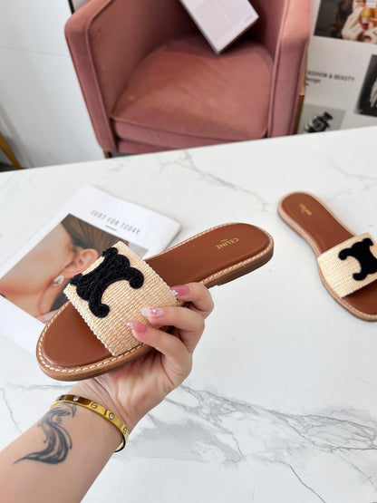 Celine 25C Slippers Beige mix Black Fabric with Calfskin 238156